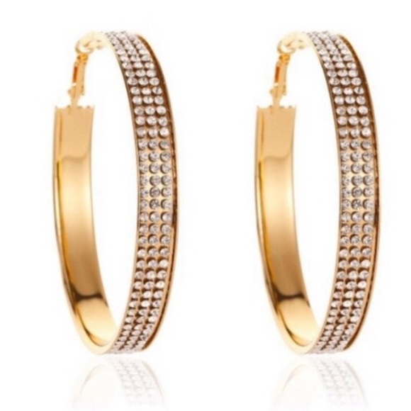 Jewelry - New Triple Row Zircon Golden Big Hoop Earrings